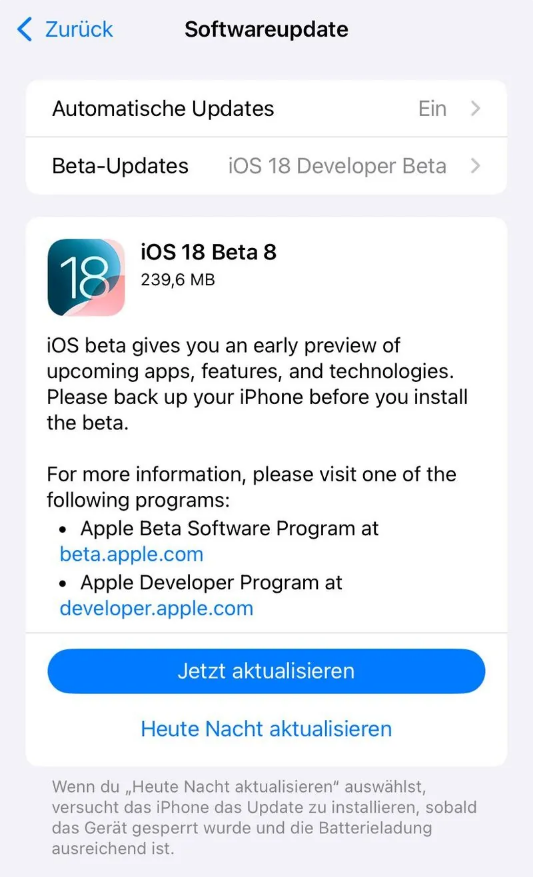 那曲苹果手机维修分享苹果 iOS / iPadOS 18 开发者预览版 Beta 8 发布 